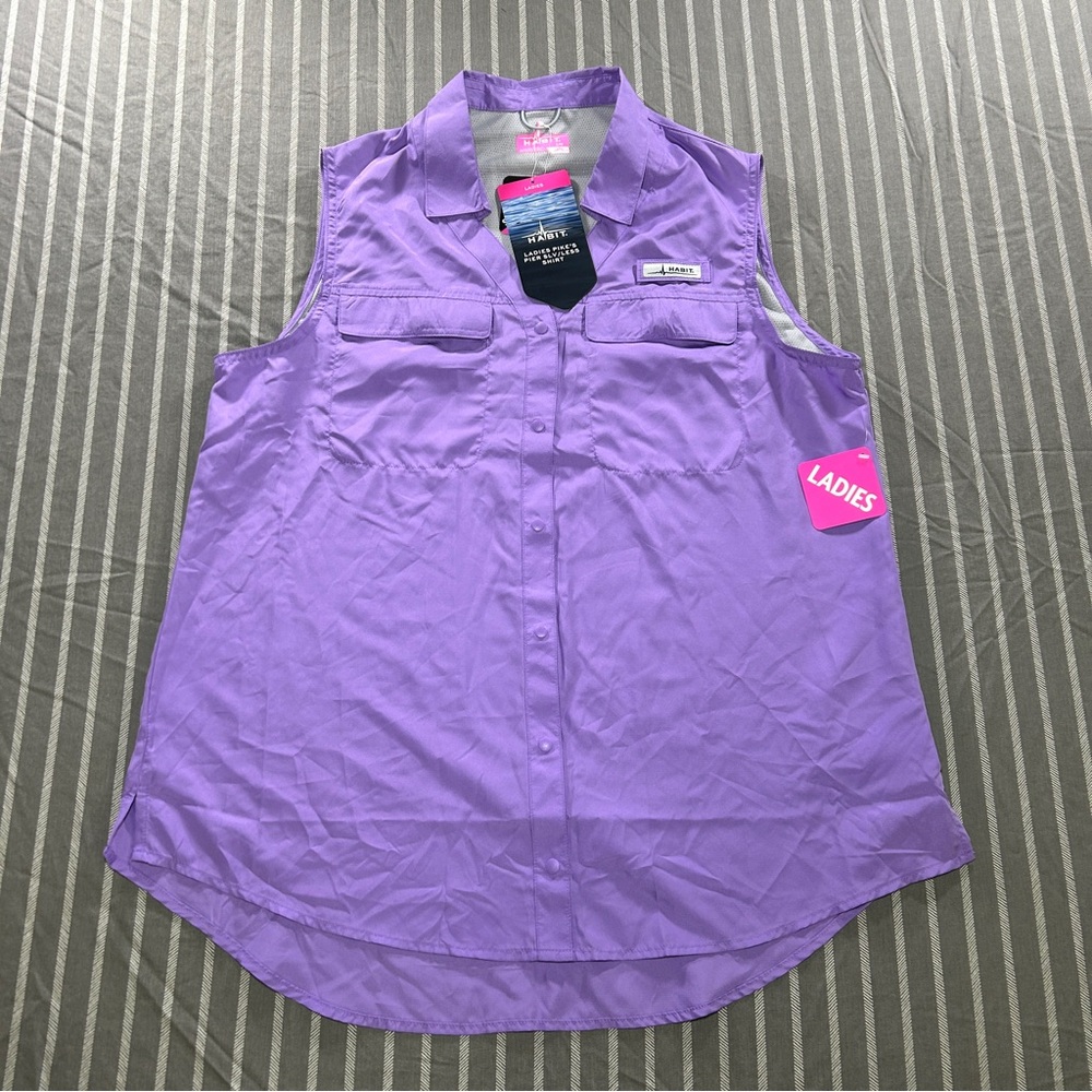 Habit Pikes Pier Sleeveless Shirt Button Down Vented Fishing Womens Large NWT
